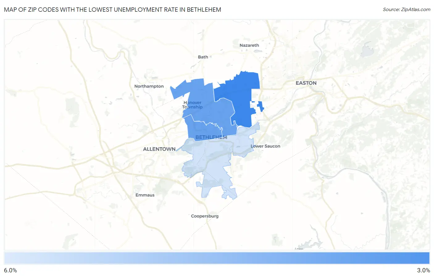 Zip Codes with the Lowest Unemployment Rate in Bethlehem Map