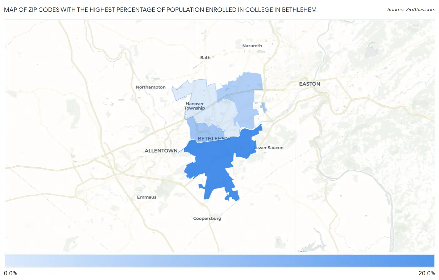 Zip Codes with the Highest Percentage of Population Enrolled in College in Bethlehem Map