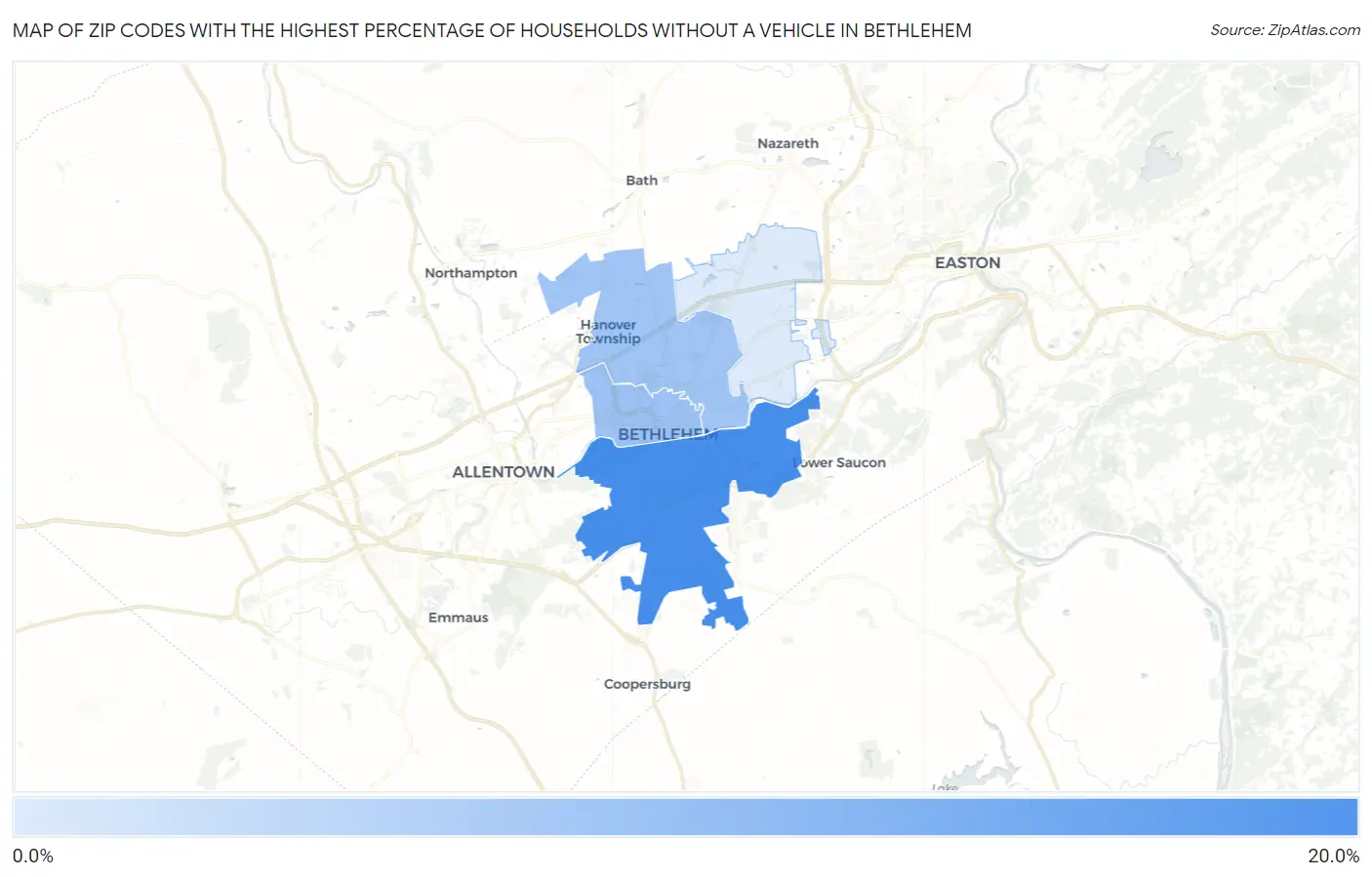 Zip Codes with the Highest Percentage of Households Without a Vehicle in Bethlehem Map
