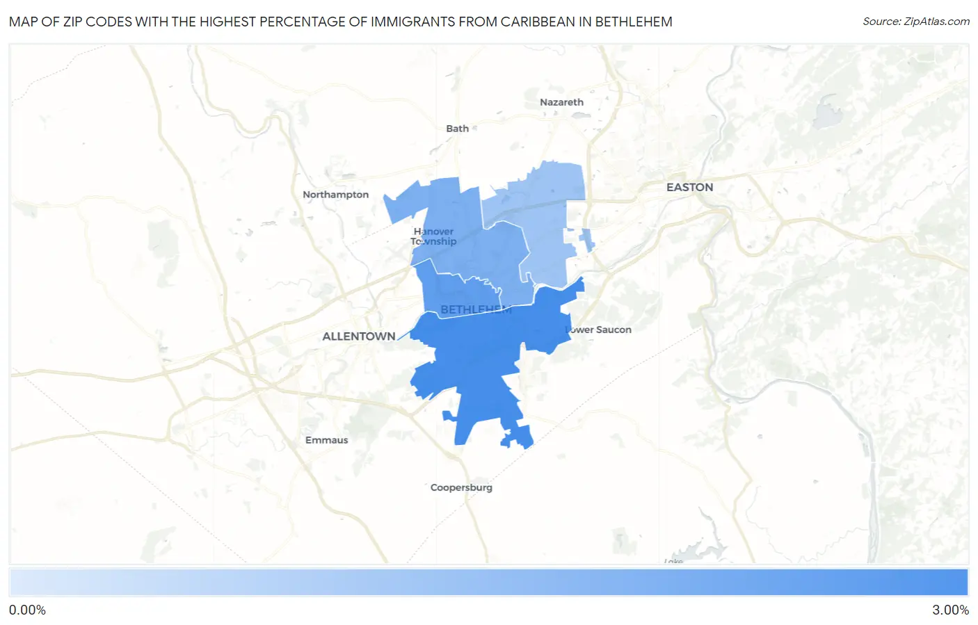 Zip Codes with the Highest Percentage of Immigrants from Caribbean in Bethlehem Map
