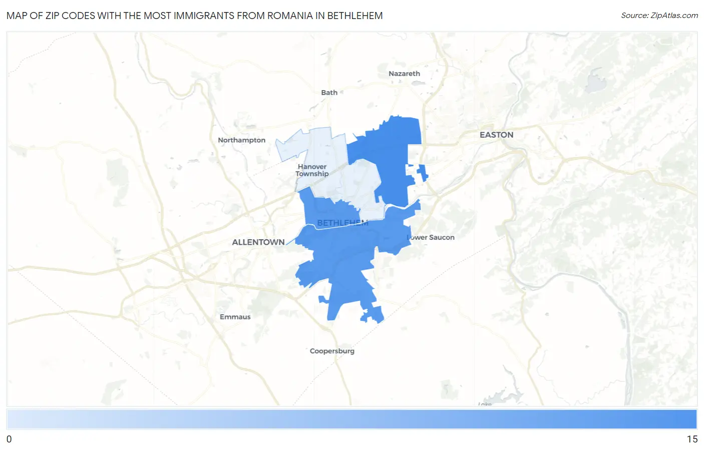 Zip Codes with the Most Immigrants from Romania in Bethlehem Map