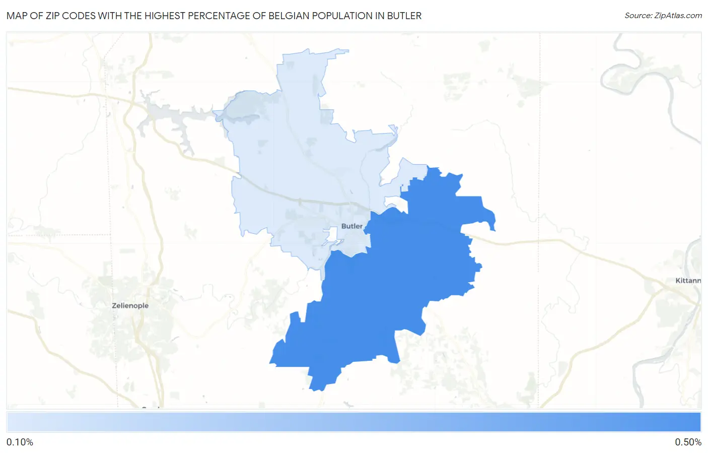 Zip Codes with the Highest Percentage of Belgian Population in Butler Map