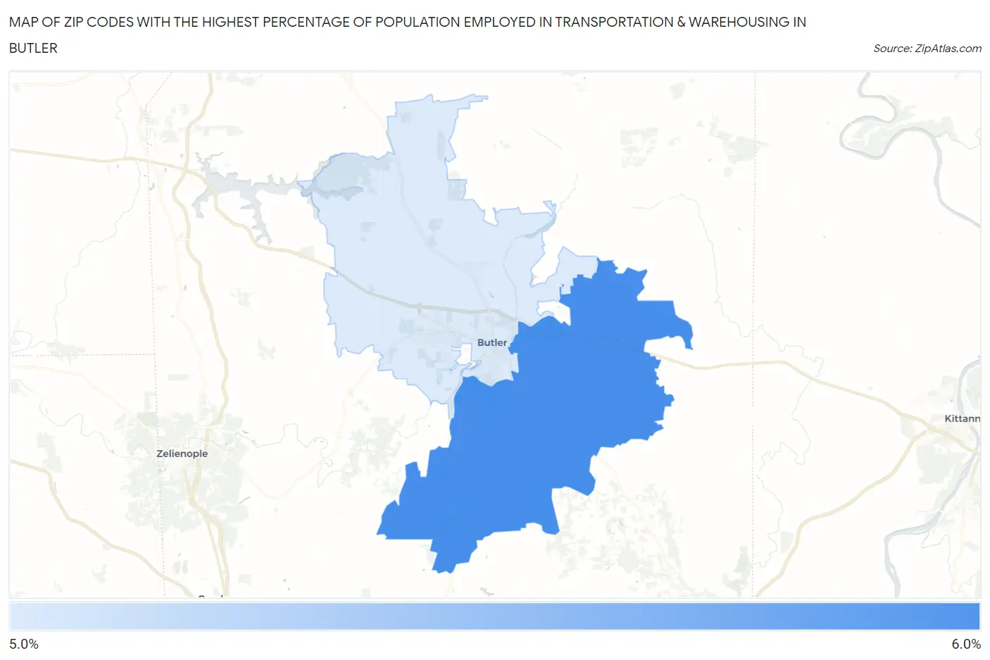 Zip Codes with the Highest Percentage of Population Employed in Transportation & Warehousing in Butler Map