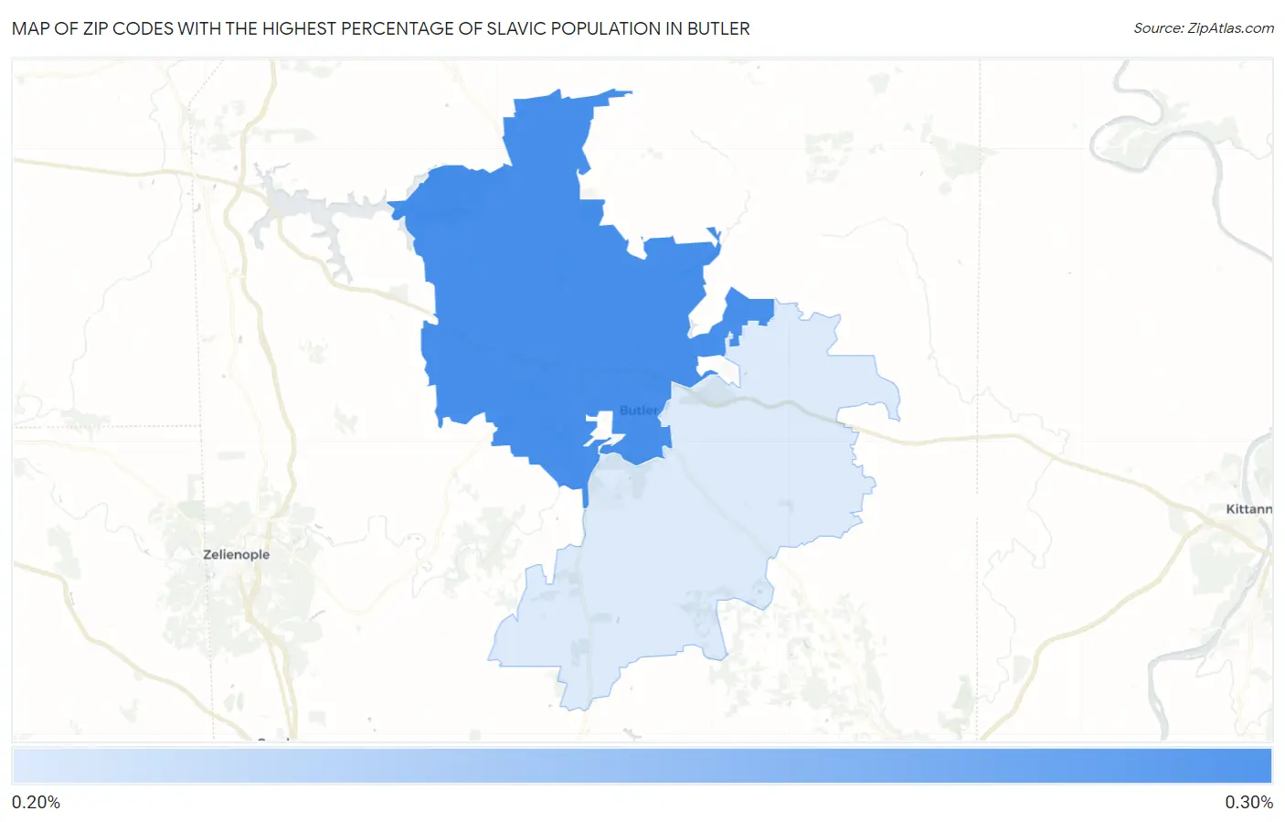 Zip Codes with the Highest Percentage of Slavic Population in Butler Map