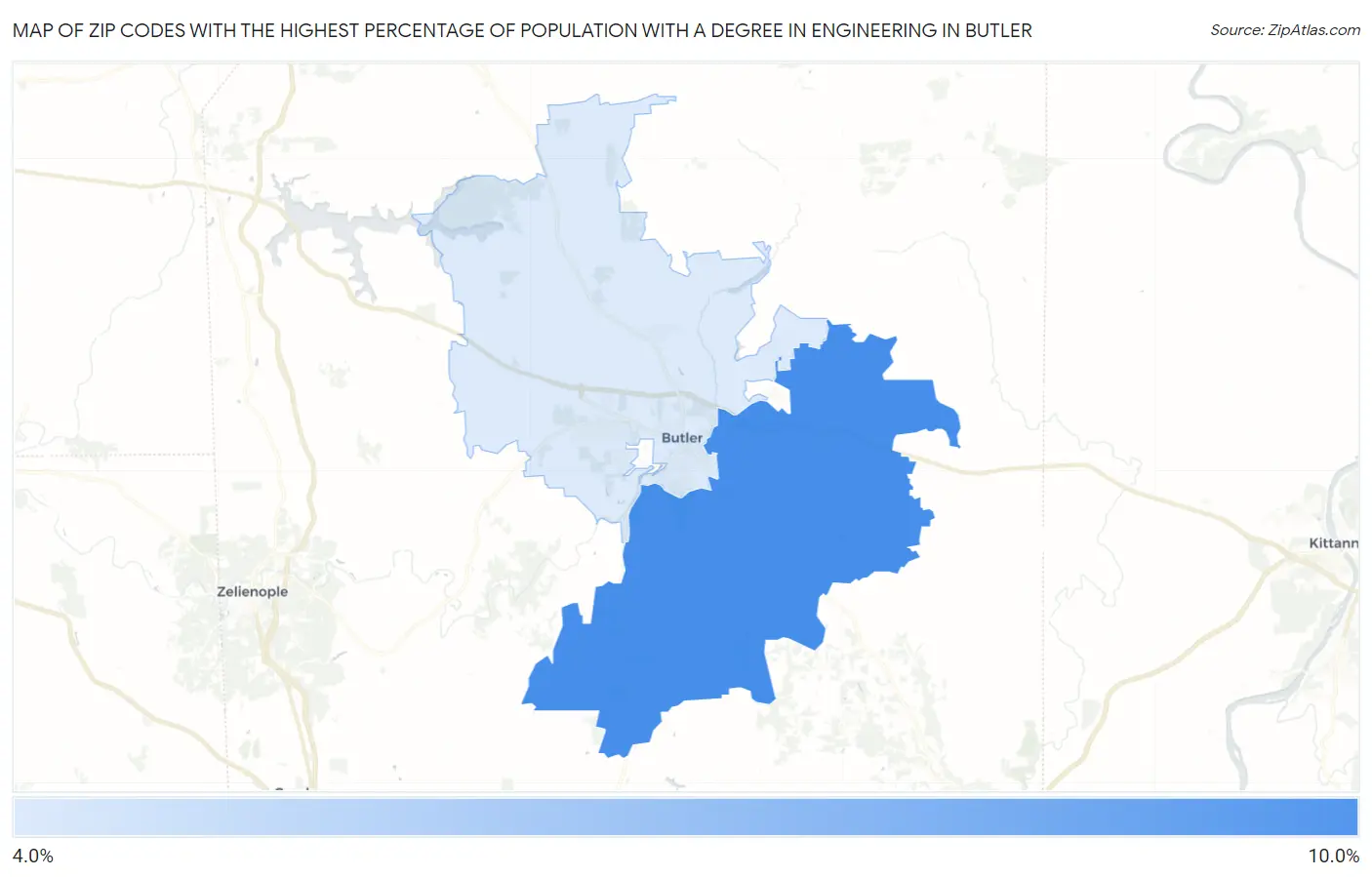 Zip Codes with the Highest Percentage of Population with a Degree in Engineering in Butler Map