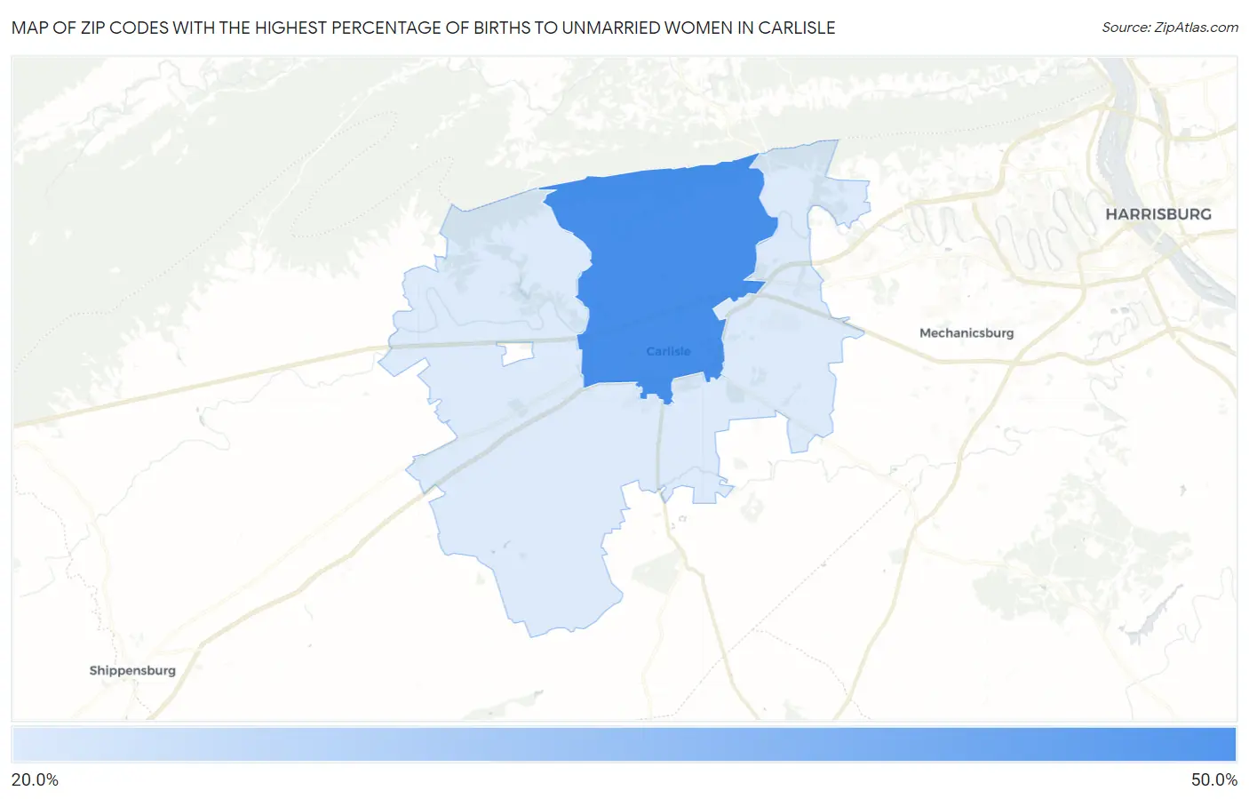 Zip Codes with the Highest Percentage of Births to Unmarried Women in Carlisle Map