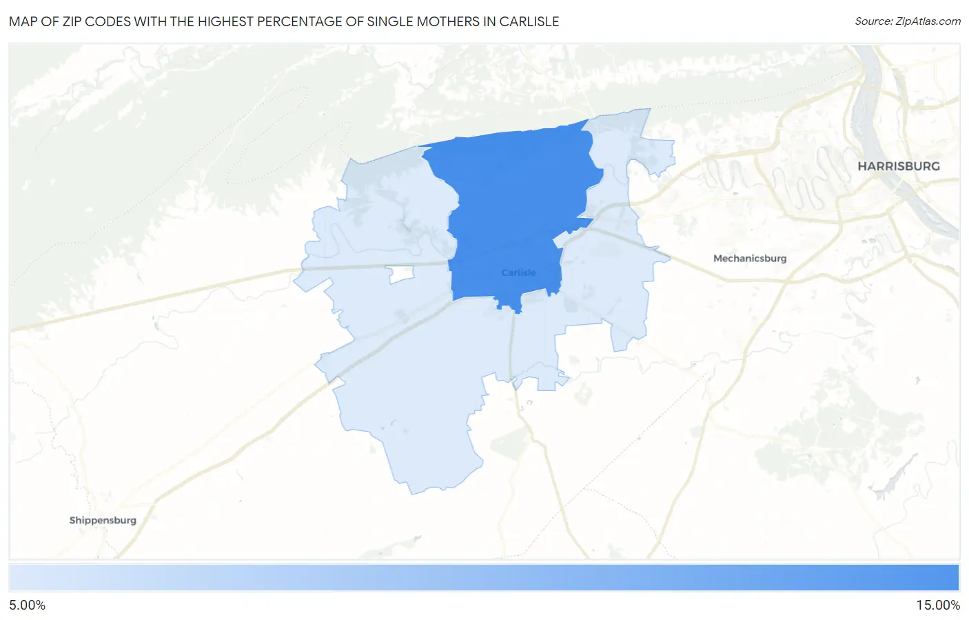 Zip Codes with the Highest Percentage of Single Mothers in Carlisle Map