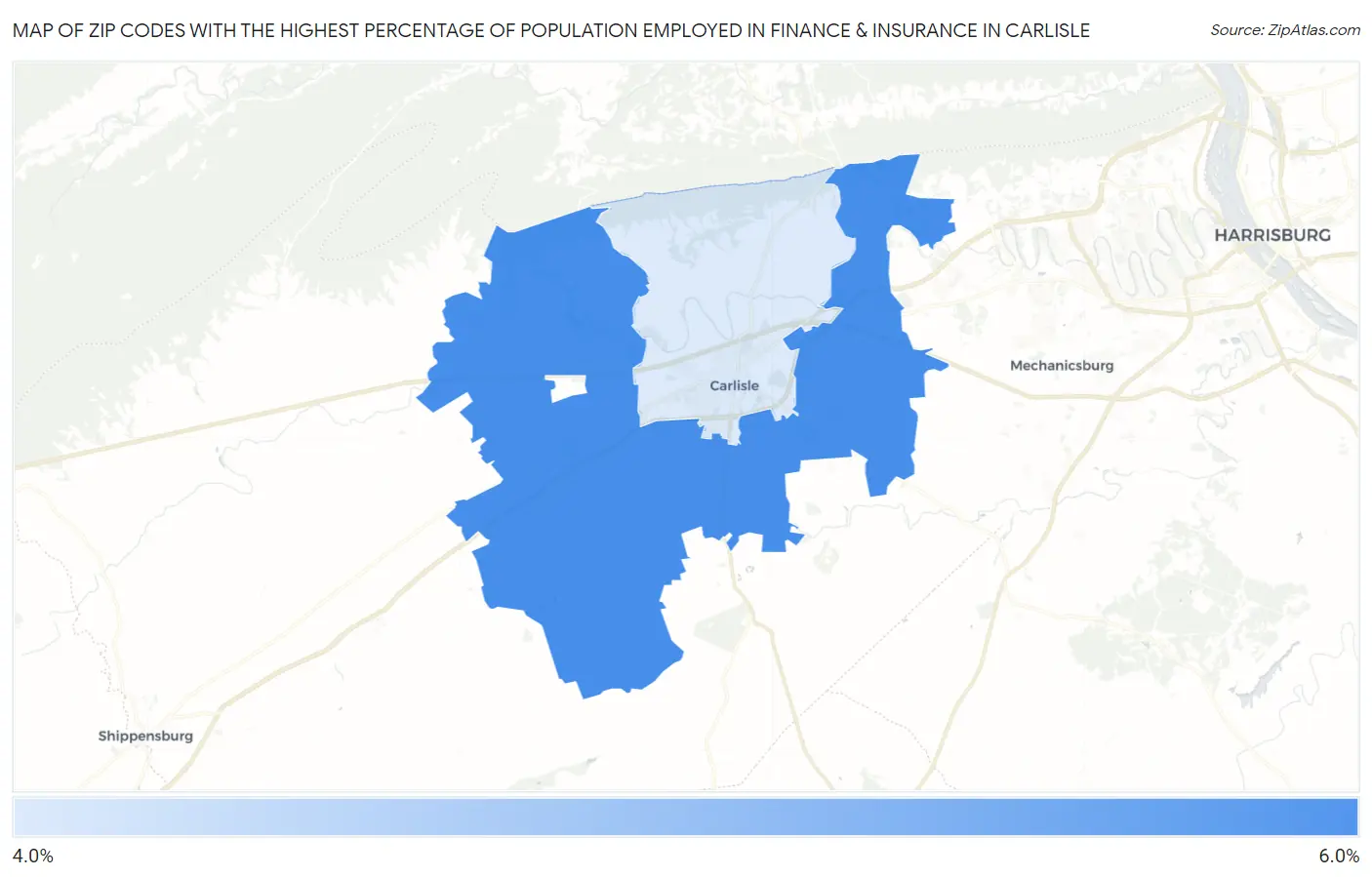 Zip Codes with the Highest Percentage of Population Employed in Finance & Insurance in Carlisle Map