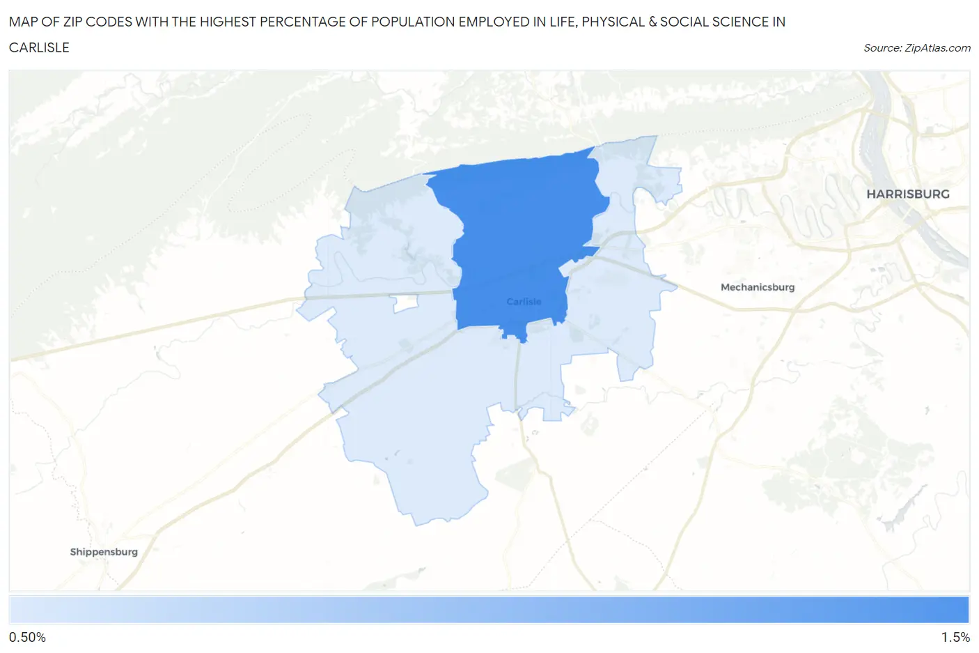 Zip Codes with the Highest Percentage of Population Employed in Life, Physical & Social Science in Carlisle Map