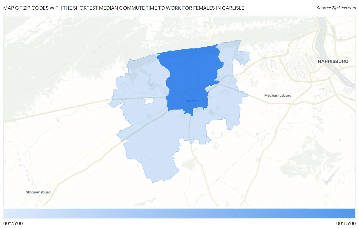 Zip Codes with the Shortest Median Commute Time to Work for Females in Carlisle Map