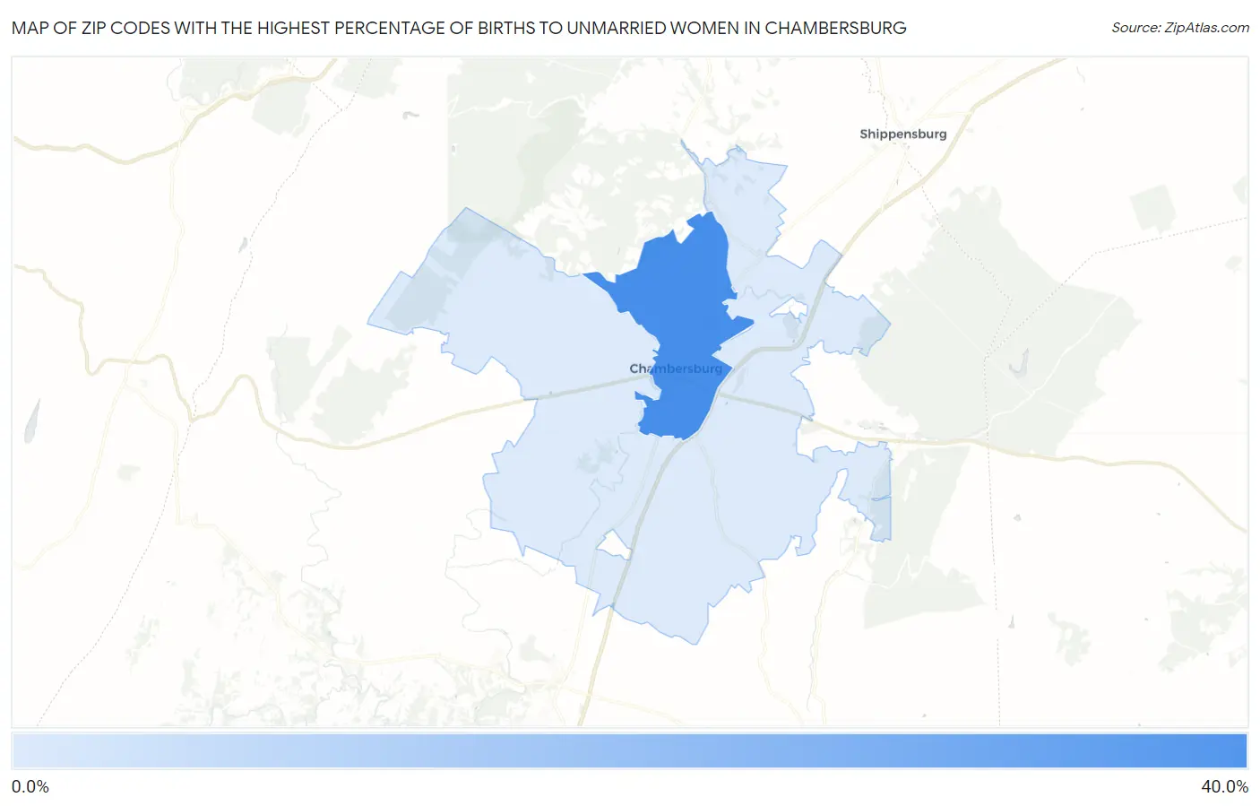 Zip Codes with the Highest Percentage of Births to Unmarried Women in Chambersburg Map