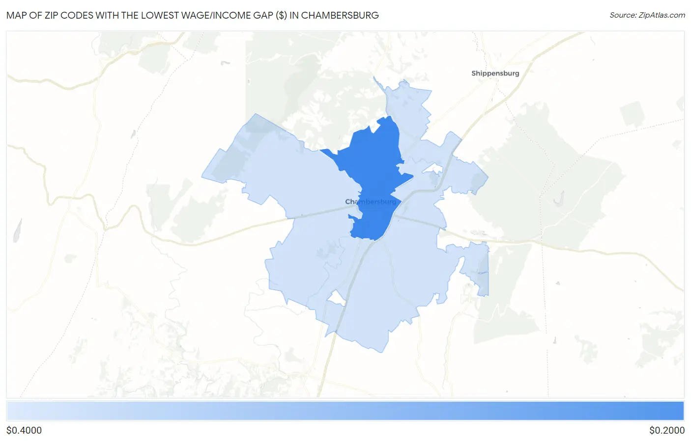 Zip Codes with the Lowest Wage/Income Gap ($) in Chambersburg Map