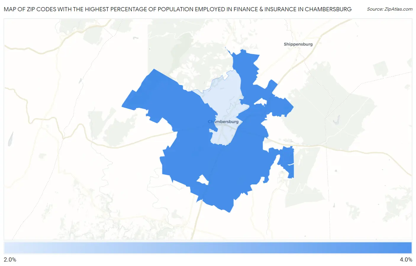 Zip Codes with the Highest Percentage of Population Employed in Finance & Insurance in Chambersburg Map