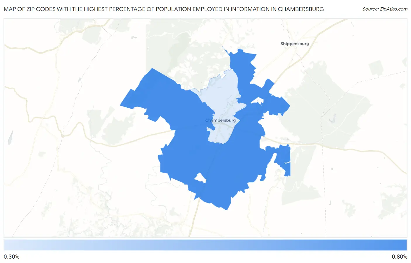 Zip Codes with the Highest Percentage of Population Employed in Information in Chambersburg Map