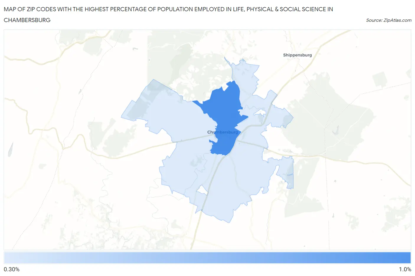 Zip Codes with the Highest Percentage of Population Employed in Life, Physical & Social Science in Chambersburg Map