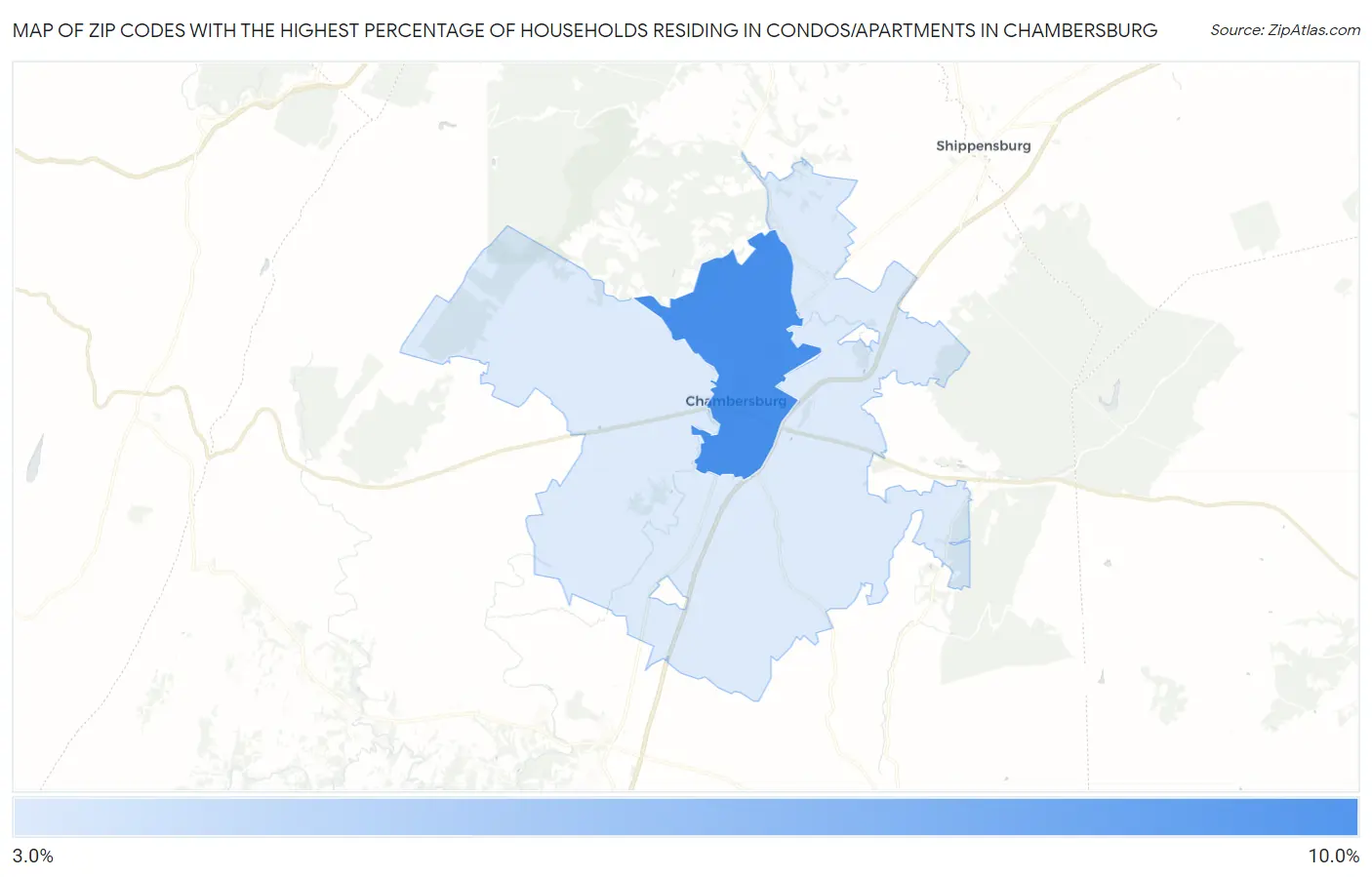 Zip Codes with the Highest Percentage of Households Residing in Condos/Apartments in Chambersburg Map