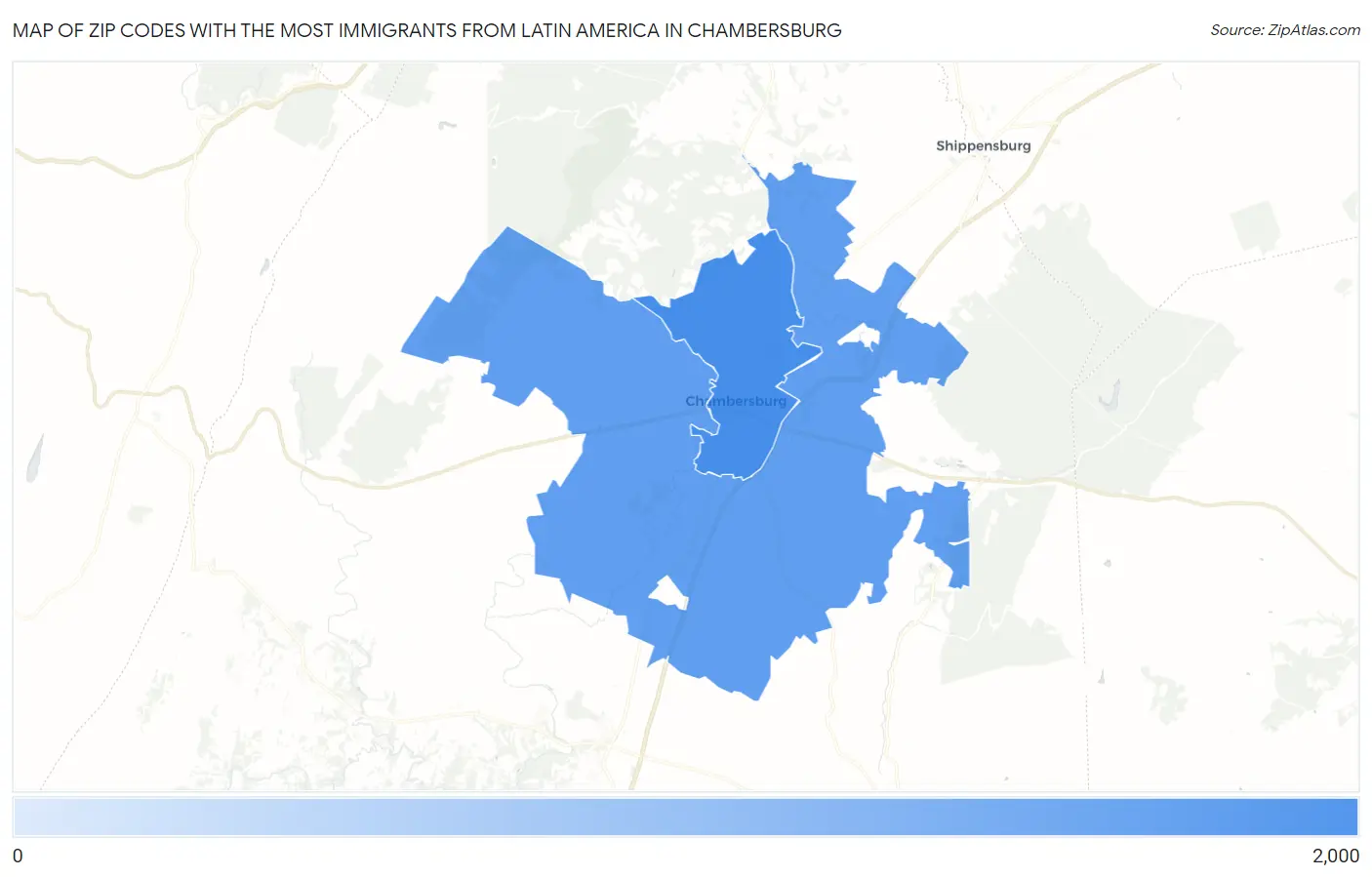 Zip Codes with the Most Immigrants from Latin America in Chambersburg Map
