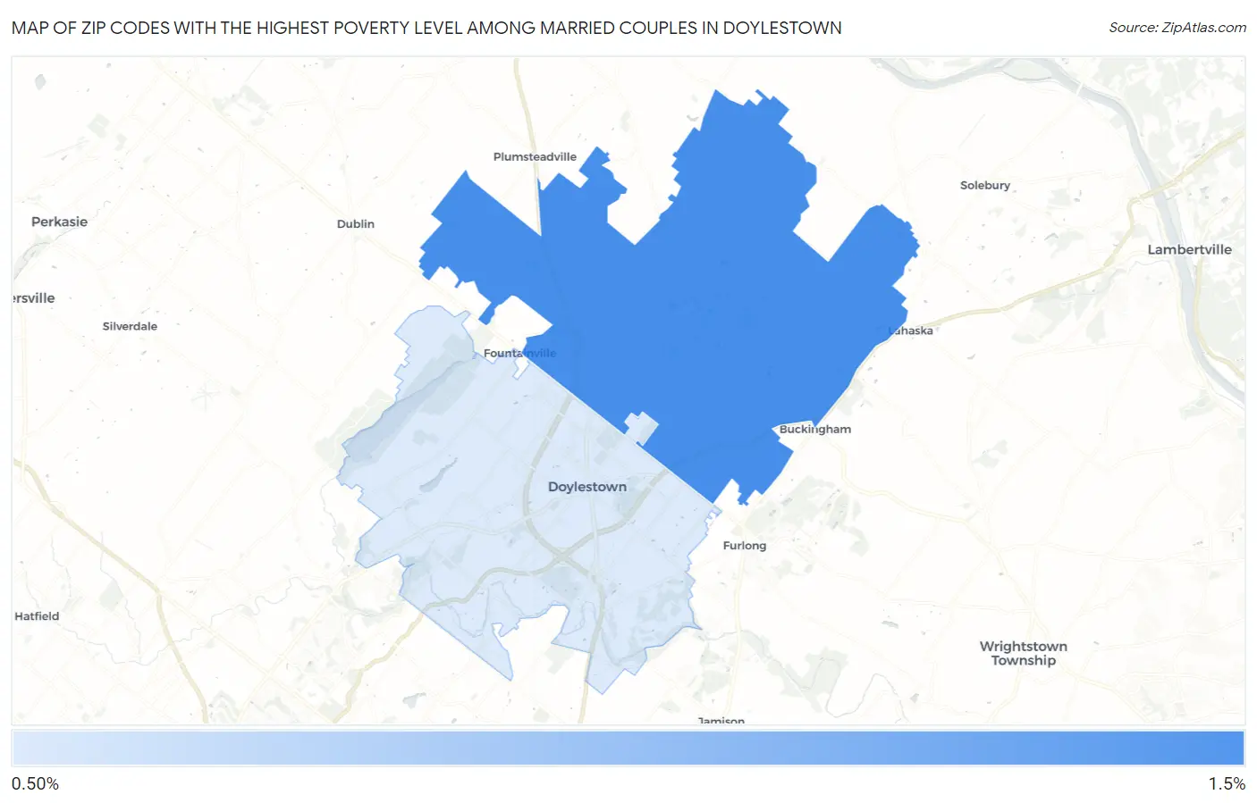 Zip Codes with the Highest Poverty Level Among Married Couples in Doylestown Map