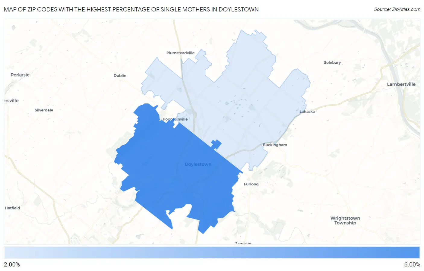 Zip Codes with the Highest Percentage of Single Mothers in Doylestown Map