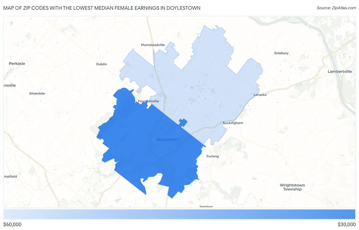 Zip Codes with the Lowest Median Female Earnings in Doylestown Map