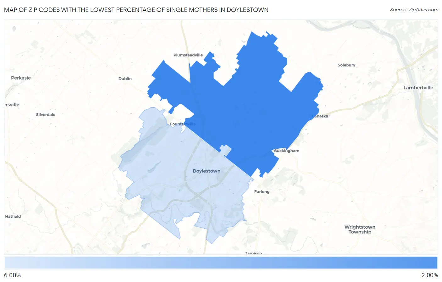 Zip Codes with the Lowest Percentage of Single Mothers in Doylestown Map