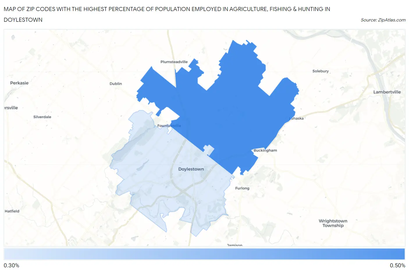 Zip Codes with the Highest Percentage of Population Employed in Agriculture, Fishing & Hunting in Doylestown Map