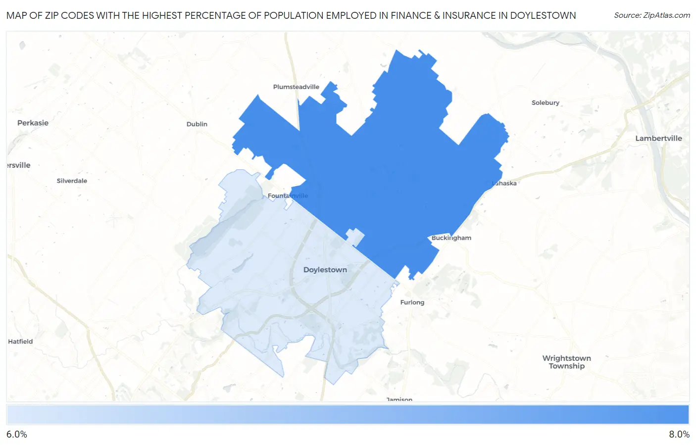 Zip Codes with the Highest Percentage of Population Employed in Finance & Insurance in Doylestown Map