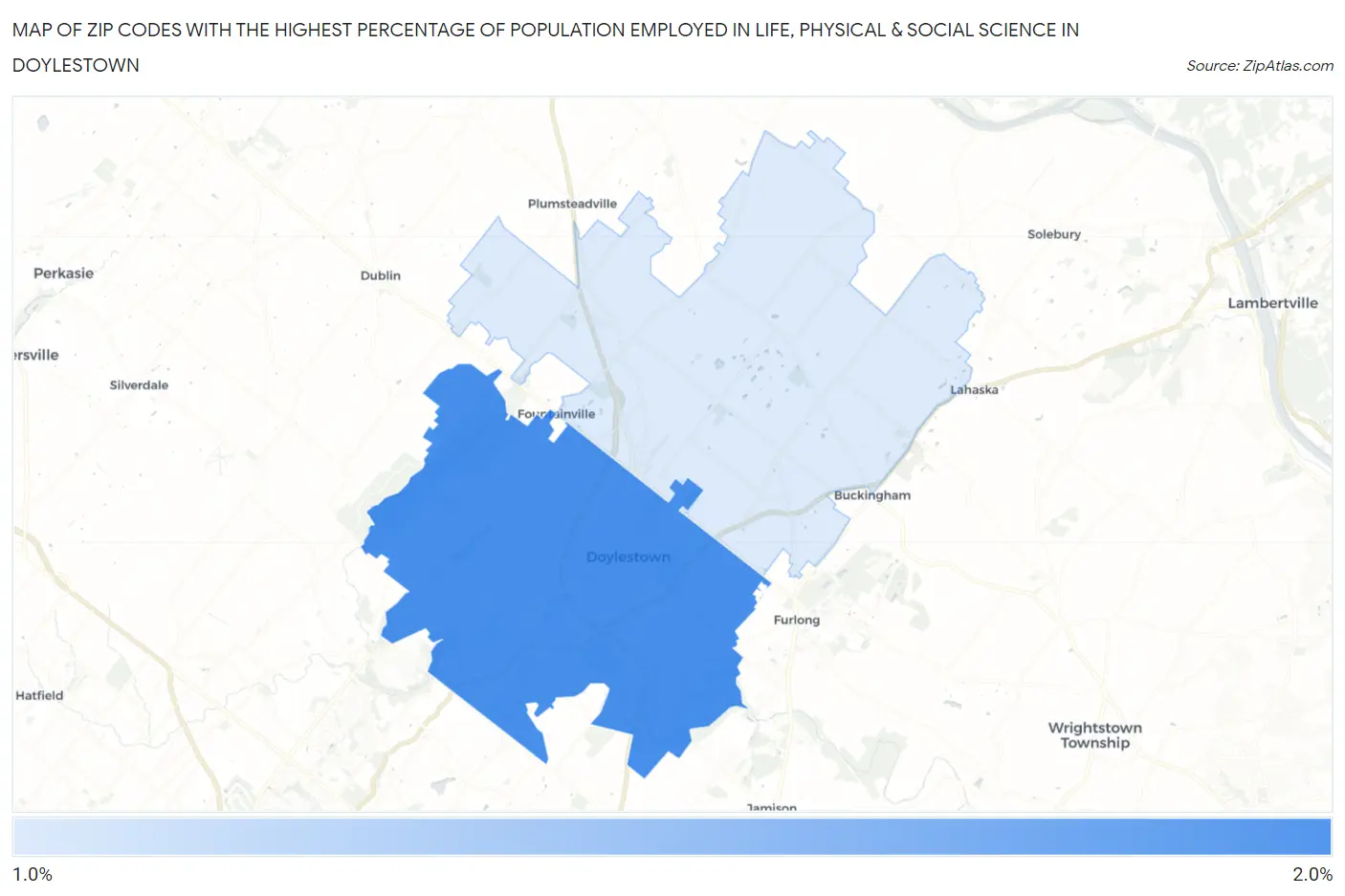 Zip Codes with the Highest Percentage of Population Employed in Life, Physical & Social Science in Doylestown Map