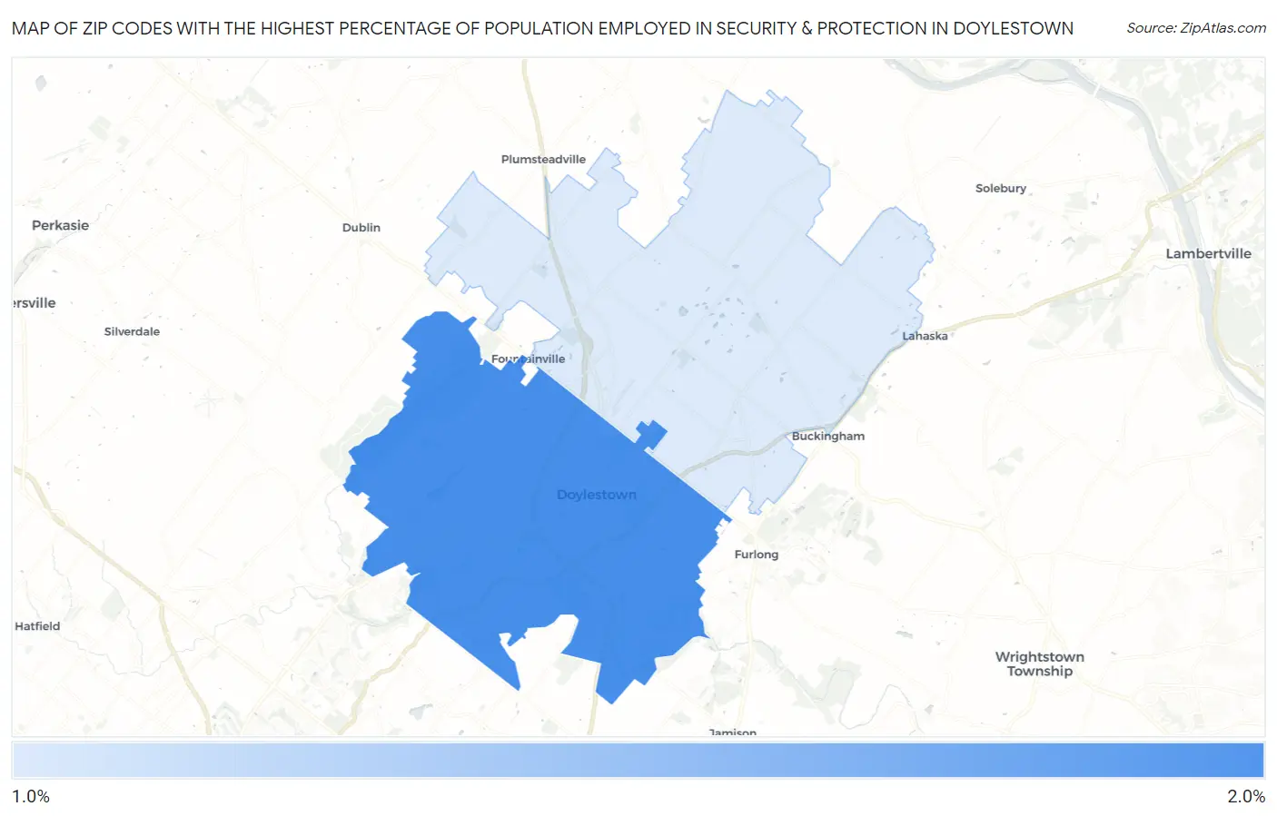 Zip Codes with the Highest Percentage of Population Employed in Security & Protection in Doylestown Map