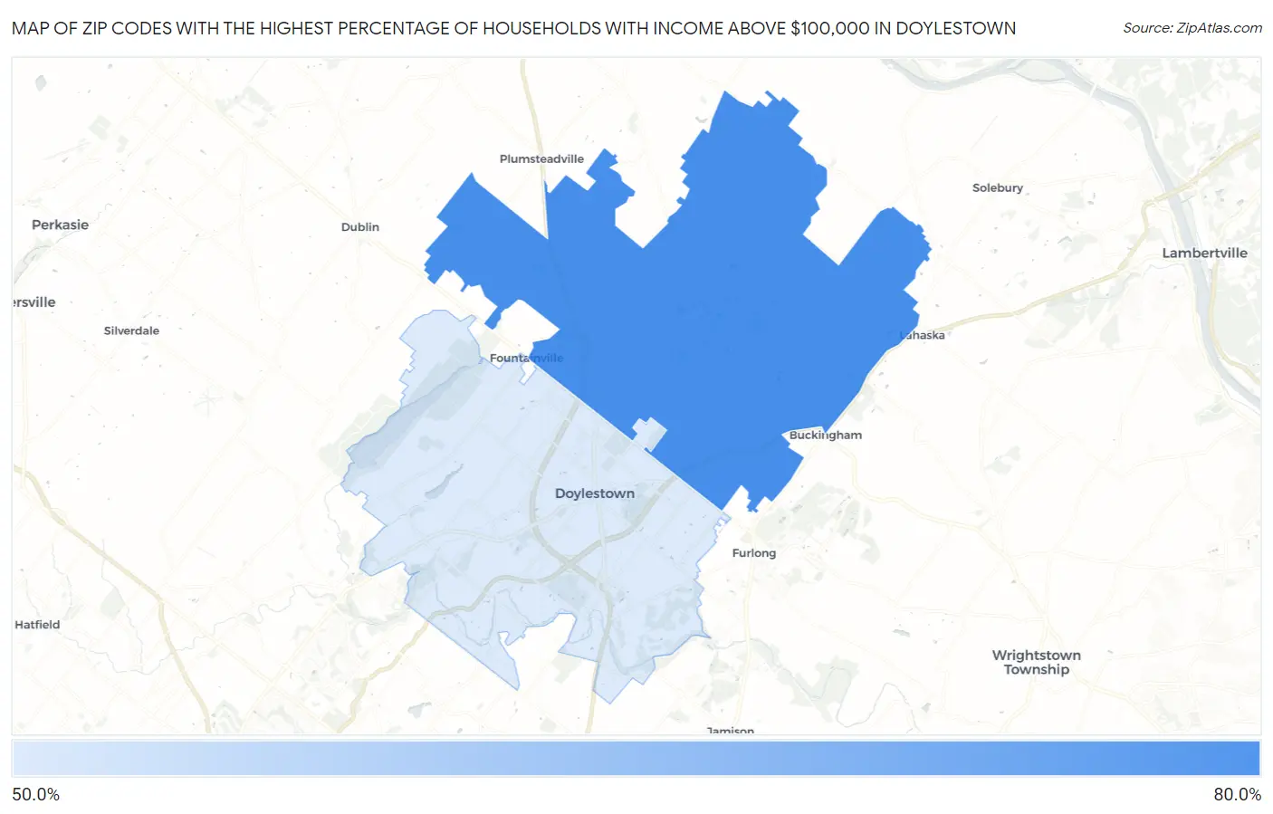 Zip Codes with the Highest Percentage of Households with Income Above $100,000 in Doylestown Map