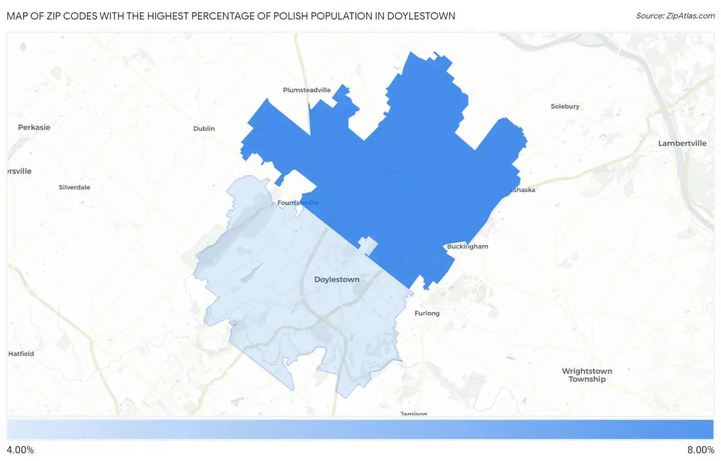 Zip Codes with the Highest Percentage of Polish Population in Doylestown Map