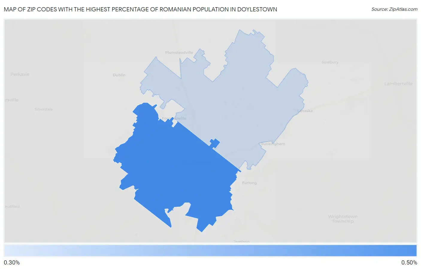 Zip Codes with the Highest Percentage of Romanian Population in Doylestown Map