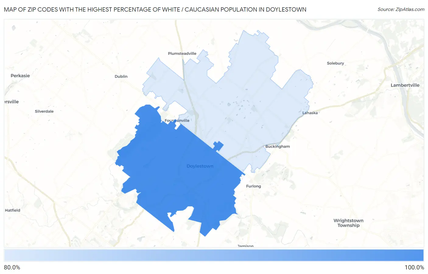 Zip Codes with the Highest Percentage of White / Caucasian Population in Doylestown Map
