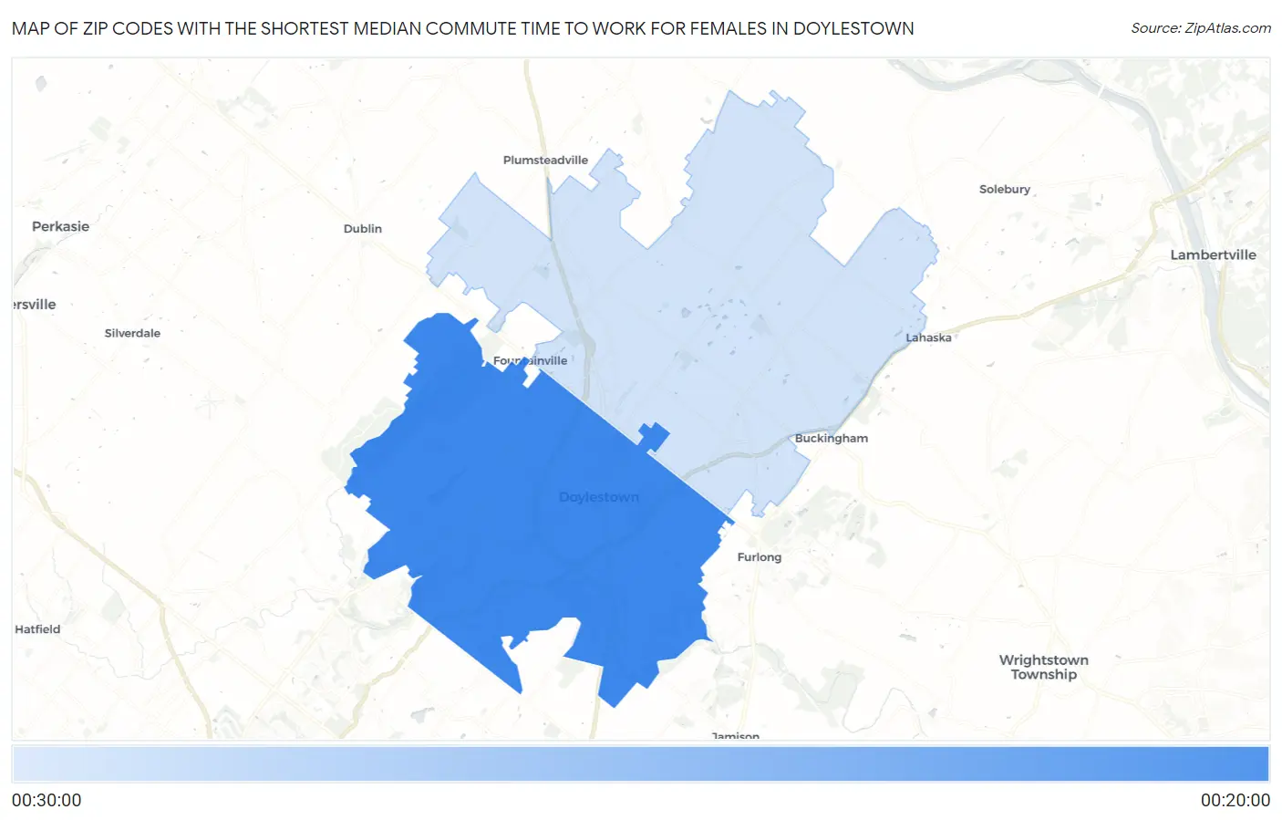 Zip Codes with the Shortest Median Commute Time to Work for Females in Doylestown Map