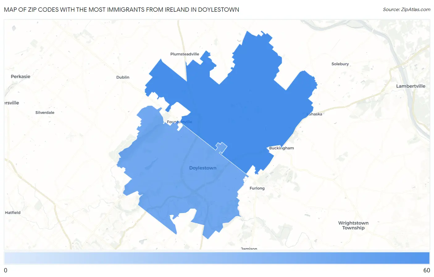 Zip Codes with the Most Immigrants from Ireland in Doylestown Map