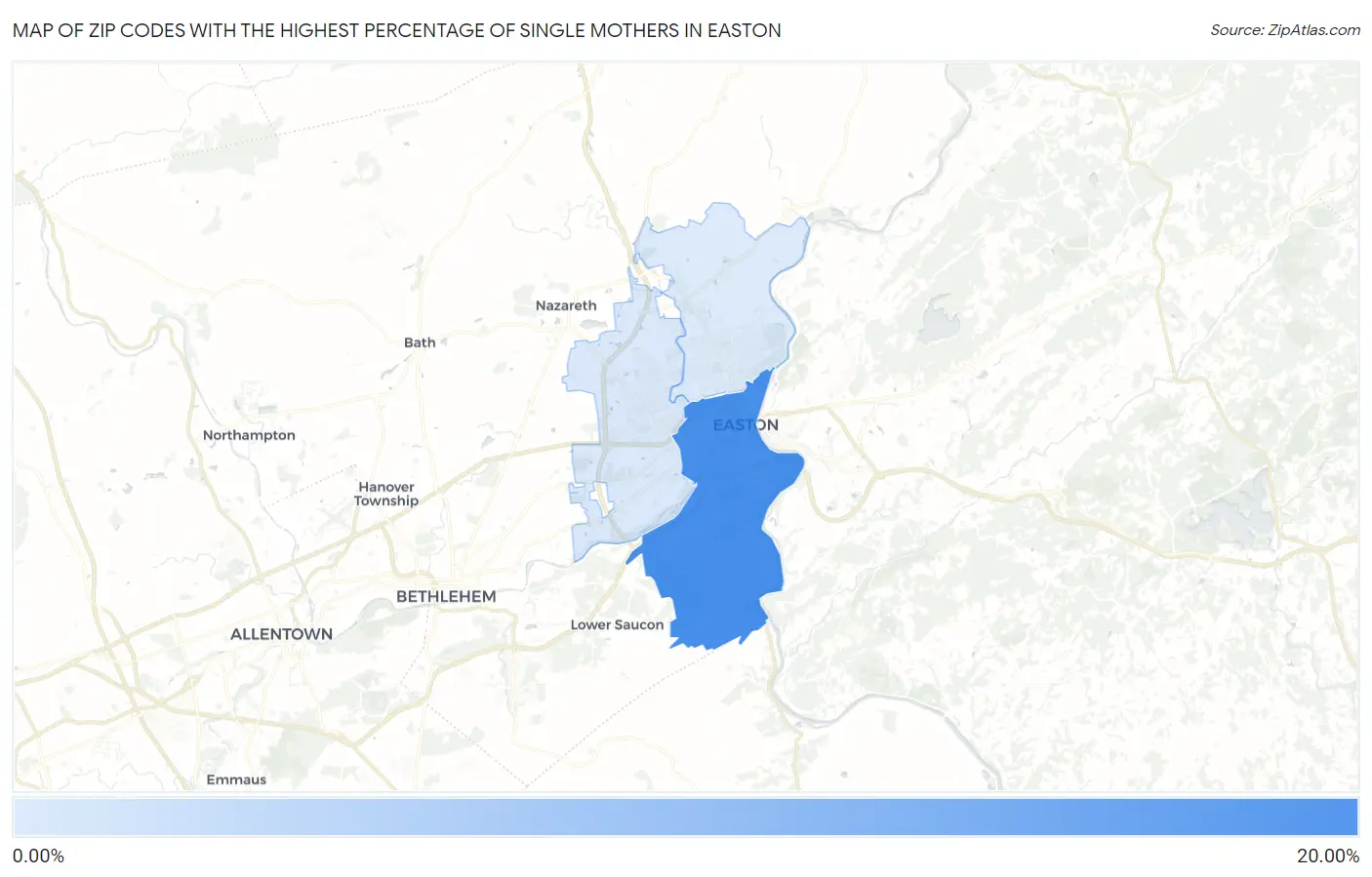 Zip Codes with the Highest Percentage of Single Mothers in Easton Map