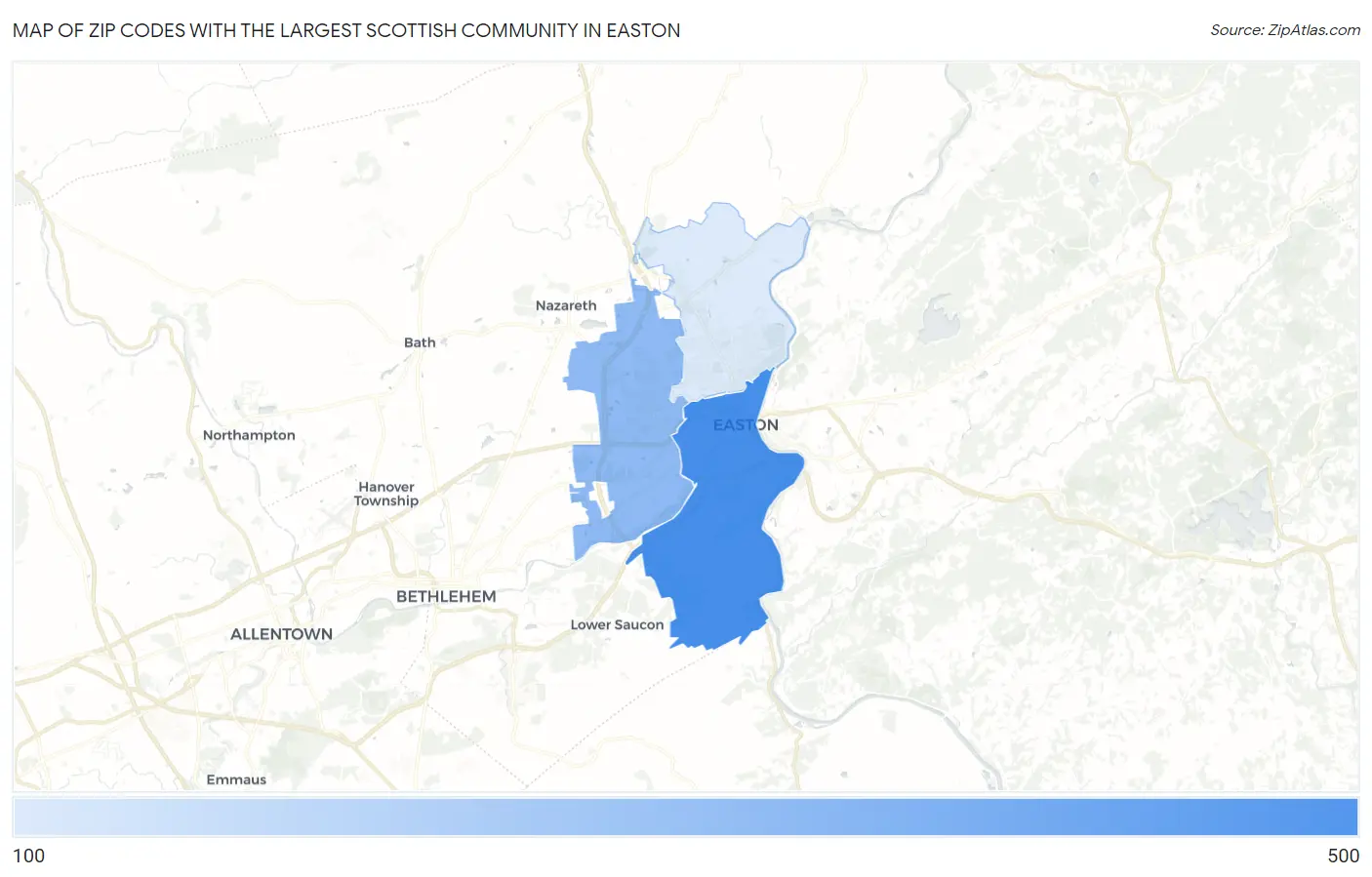 Zip Codes with the Largest Scottish Community in Easton Map
