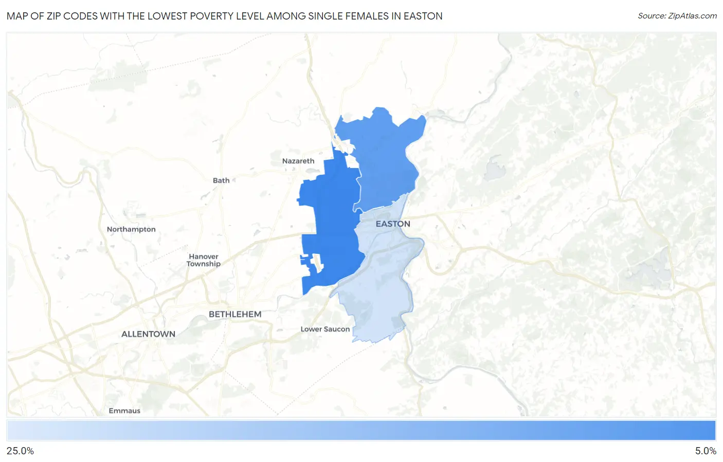Zip Codes with the Lowest Poverty Level Among Single Females in Easton Map