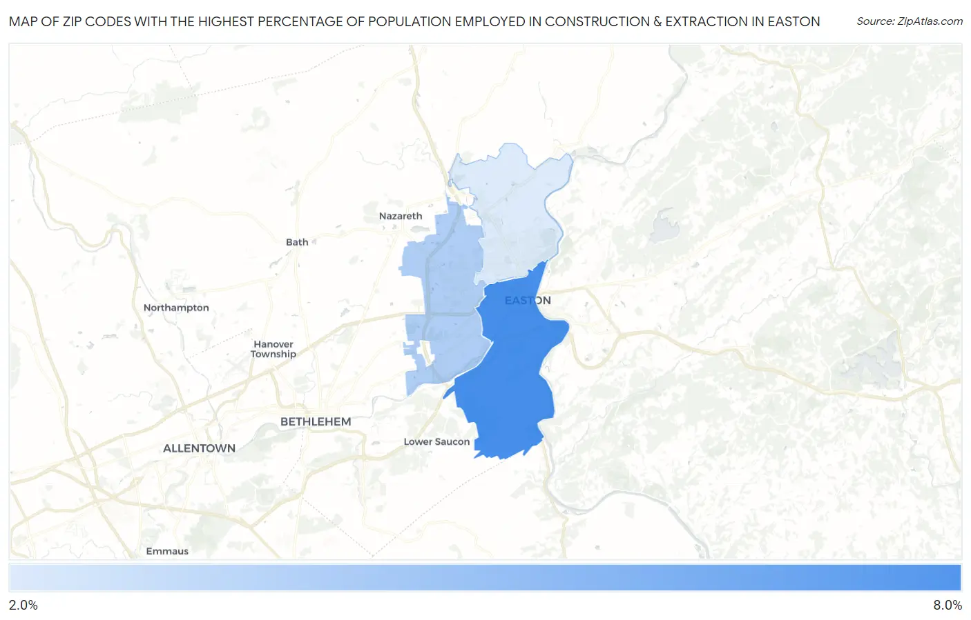 Zip Codes with the Highest Percentage of Population Employed in Construction & Extraction in Easton Map
