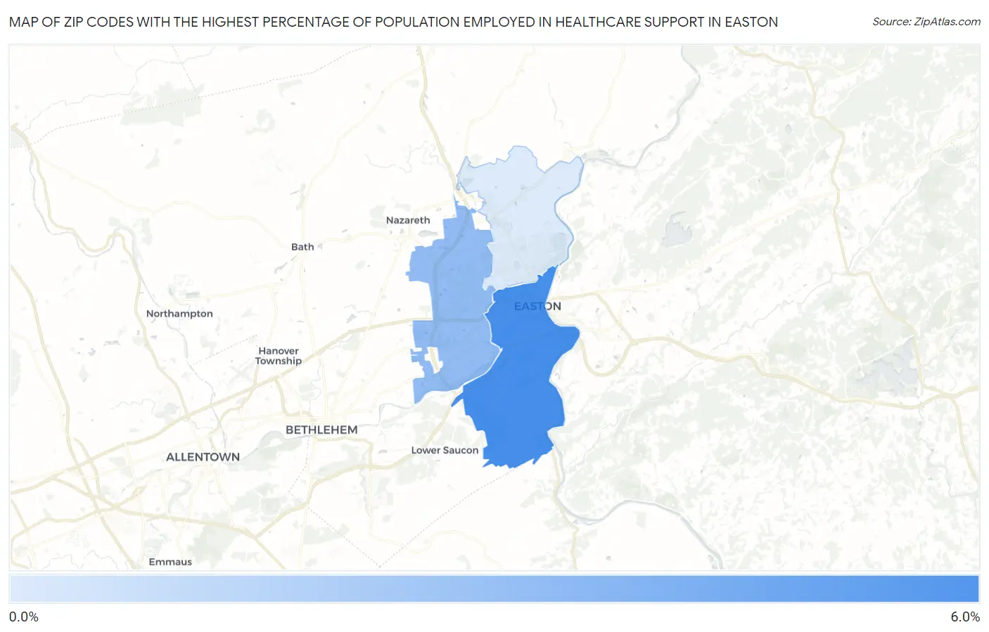Zip Codes with the Highest Percentage of Population Employed in Healthcare Support in Easton Map