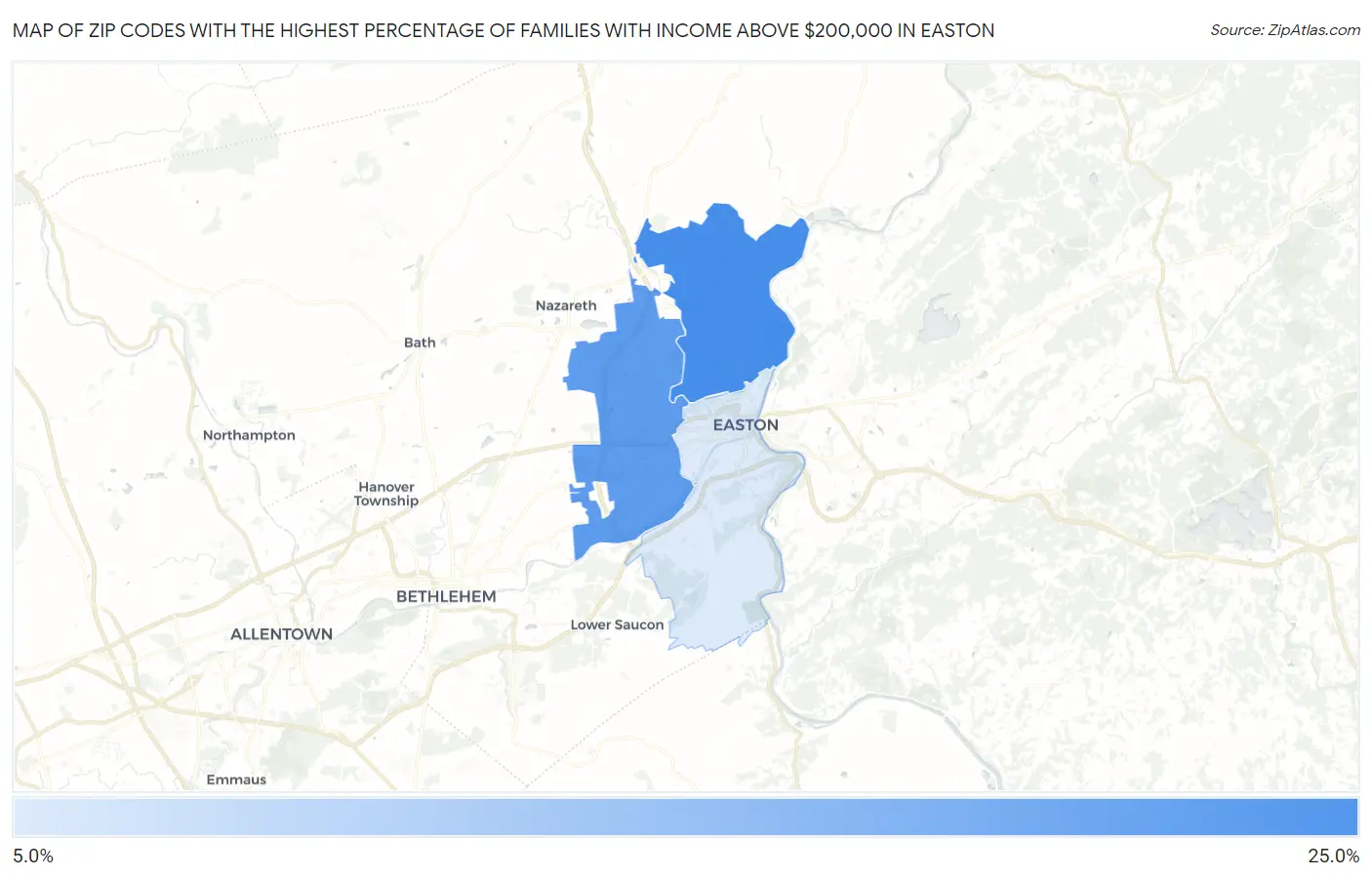 Zip Codes with the Highest Percentage of Families with Income Above $200,000 in Easton Map