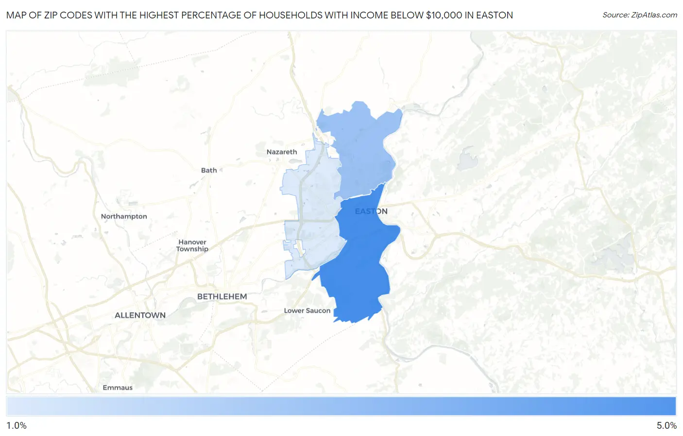 Zip Codes with the Highest Percentage of Households with Income Below $10,000 in Easton Map
