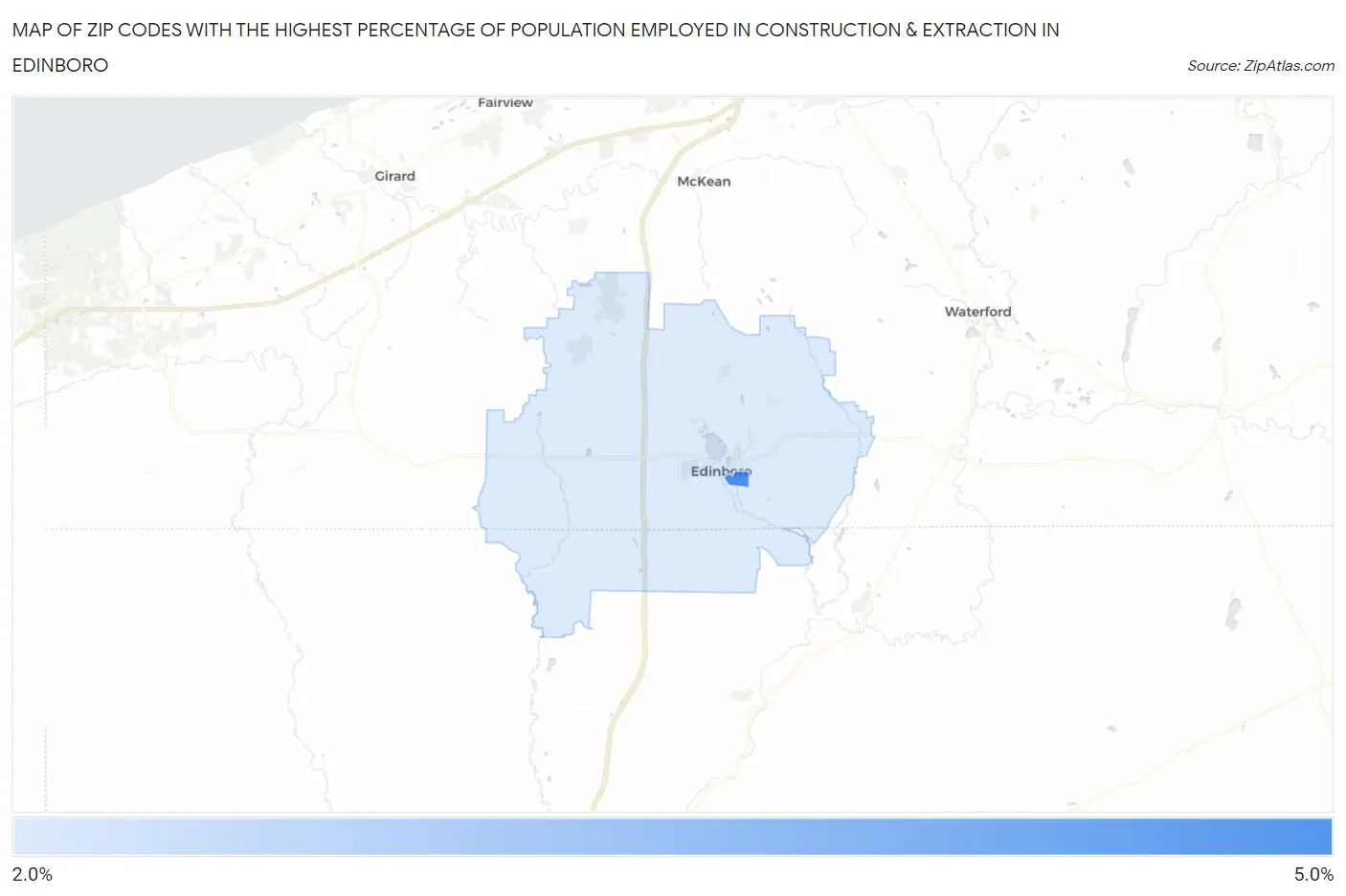 Zip Codes with the Highest Percentage of Population Employed in Construction & Extraction in Edinboro Map