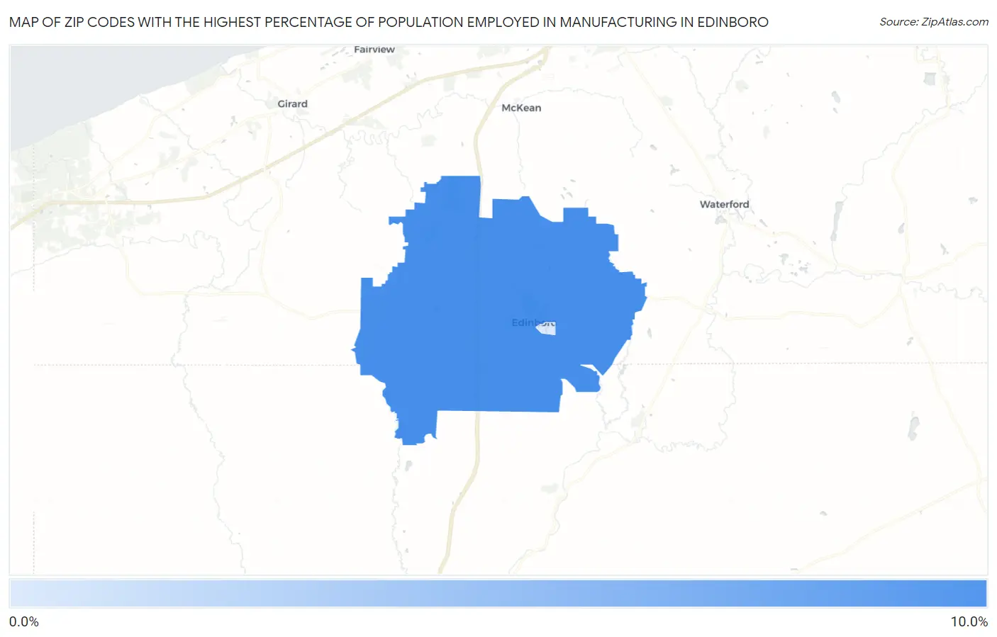 Zip Codes with the Highest Percentage of Population Employed in Manufacturing in Edinboro Map