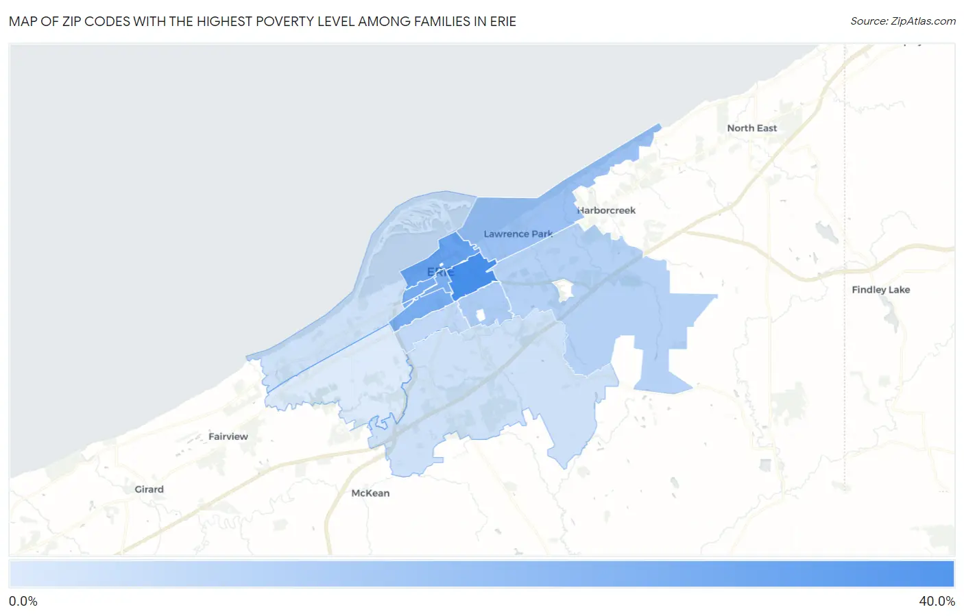 Zip Codes with the Highest Poverty Level Among Families in Erie Map