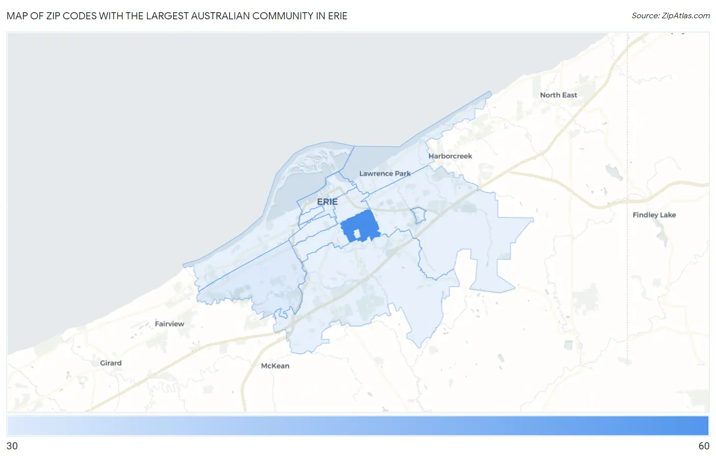 Zip Codes with the Largest Australian Community in Erie Map