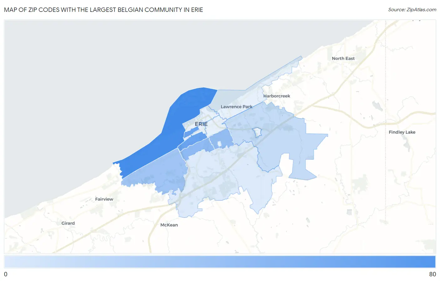 Zip Codes with the Largest Belgian Community in Erie Map