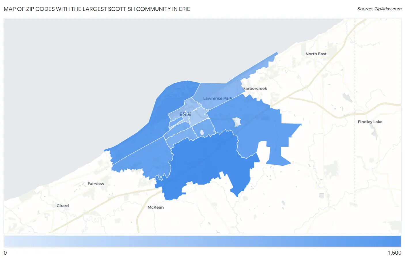 Zip Codes with the Largest Scottish Community in Erie Map