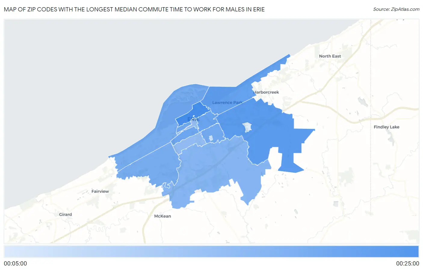 Zip Codes with the Longest Median Commute Time to Work for Males in Erie Map