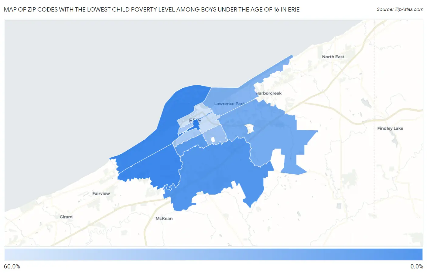Zip Codes with the Lowest Child Poverty Level Among Boys Under the Age of 16 in Erie Map